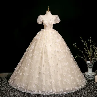 Chic Beautiful Champagne Butterfly Appliques Beading Sequins Prom Dresses 2025 Ball Gown Square Neckline Puffy Short Sleeve Backless Floor Length Long Prom Formal Dresses