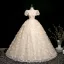 Chic / Beautiful Champagne Butterfly Appliques Beading Sequins Prom Dresses 2025 Ball Gown Square Neckline Puffy Short Sleeve Backless Floor-Length / Long Prom Formal Dresses