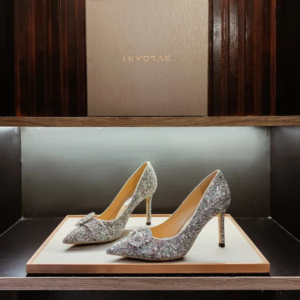 Glittrande Silver Rhinestone Paljetter Läder Brudskor 2021 9 cm Stilettklackar Spetsiga Bröllop Pumps Högklackade