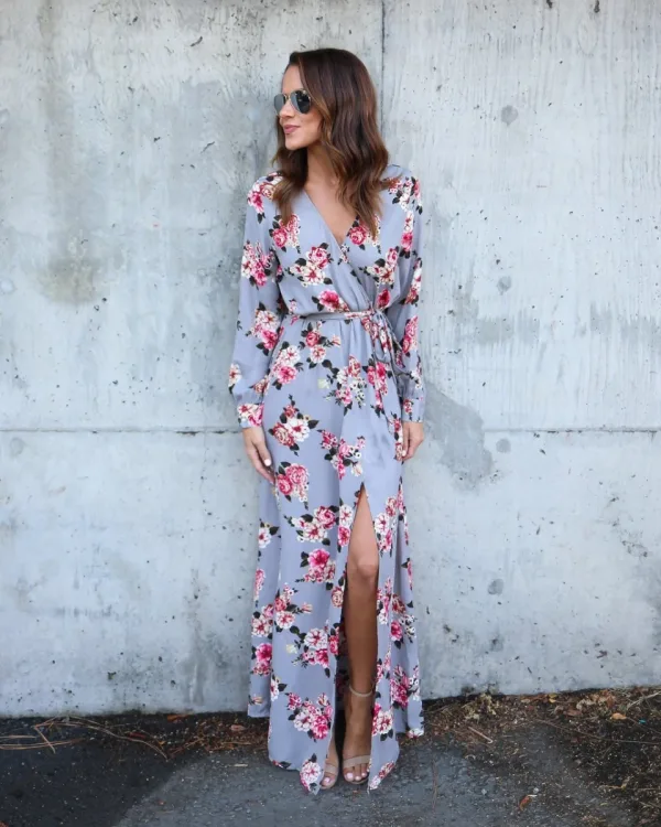 Bohemia Black Casual Maxi Dresses 2018 A-Line / Princess Split Front Printing Sash V-Neck Long Sleeve Floor-Length / Long Womens Clothing