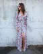 Bohemia Black Casual Maxi Dresses 2018 A-Line / Princess Split Front Printing Sash V-Neck Long Sleeve Floor-Length / Long Womens Clothing