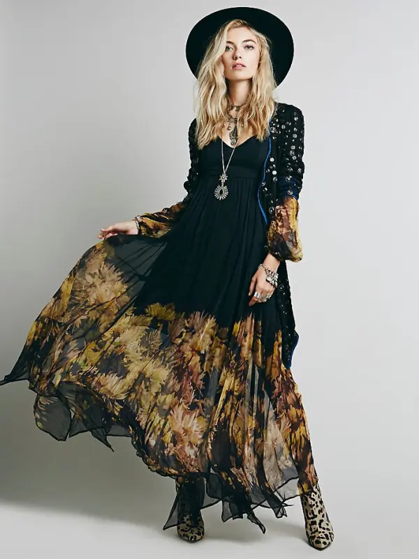 Bohemia Black Summer Casual Maxi Dresses 2018 A-Line / Princess Printing V-Neck Long Sleeve Ankle Length Womens Clothing