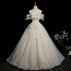 Eleganta Aprikos Beige Beading Paljetter Appliqués Balklänningar 2025 Balklänning Av Axeln Korta Ärm Halterneck Långa Formella Klänningar