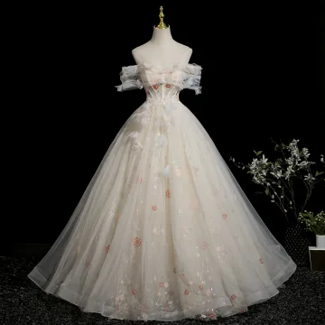 Elegant Beige Beading Sequins Appliques Prom Dresses 2025 Ball Gown Off The Shoulder Short Sleeve Backless Floor Length Long Formal Dresses