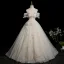 Elegant Beige Beading Sequins Appliques Prom Dresses 2025 Ball Gown Off-The-Shoulder Short Sleeve Backless Floor-Length / Long Formal Dresses