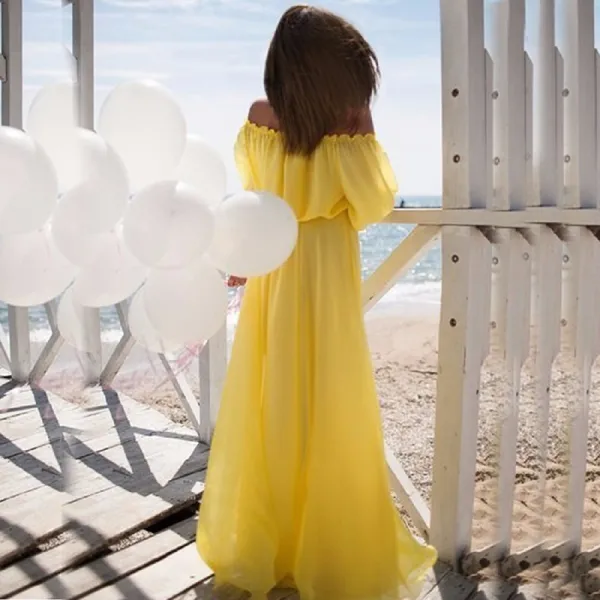 Moderne / Mode Été Rose Bonbon Désinvolte Robes longues 2018 Princesse De l'épaule Manches Courtes Longue Vêtements Femme