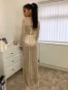 Sexy Champagne Maxi Dresses 2018 See-through Sequins Split Front V-Neck Long Sleeve Floor-Length / Long Womens Clothing