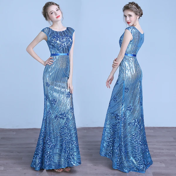 Sparkly Ocean Blue Evening Dresses 2018 Trumpet / Mermaid Lace Sequins Sash Scoop Neck Short Sleeve Floor-Length / Long Formal Dresses