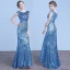 Sparkly Ocean Blue Evening Dresses  2018 Trumpet / Mermaid Lace Sequins Sash Scoop Neck Short Sleeve Floor-Length / Long Formal Dresses
