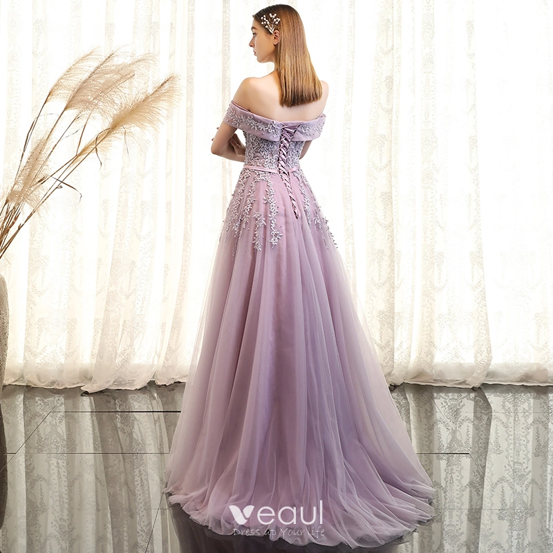 Elegant Lavender Prom Dresses 2018 A Line Princess Lace Flower Pearl Sash Off The Shoulder Short Sleeve Backless Floor Length Long Formal Dresses