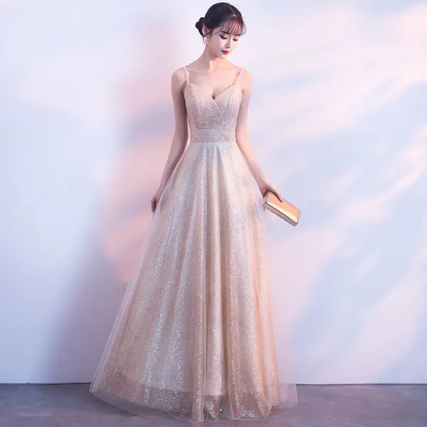 Elegant Grey Evening Dresses 2018 A-Line / Princess Glitter Tulle Spaghetti Straps Backless Sleeveless Floor-Length / Long Formal Dresses