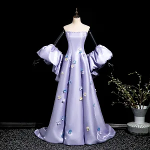 Élégant Lavande Perle Appliques Robe De Bal 2025 Princesse Bustier Manches Courtes Dos Nu Train De Balayage Promo Robe De Ceremonie