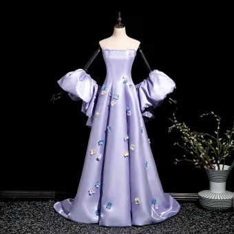 Elegant Lavender Pearl Appliques Prom Dresses 2025 A Line Princess Strapless Short Sleeve Backless Sweep Train Prom Formal Dresses