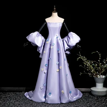 Elegant Lavender Pearl Appliques Prom Dresses 2025 A Line Princess Strapless Short Sleeve Backless Sweep Train Prom Formal Dresses