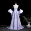 Elegant Lavender Pearl Appliques Prom Dresses 2025 A-Line / Princess Strapless Short Sleeve Backless Sweep Train Prom Formal Dresses