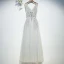 Chic / Beautiful Silver Bridesmaid Dresses 2017 A-Line / Princess Tea-length Lace Appliques Flower Pearl Crossed Straps V-Neck Sleeveless Bridesmaid