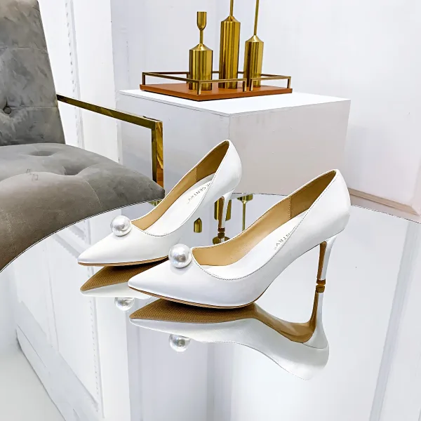 Élégant Ivoire Soie Satin Perle Chaussure De Mariée 2021 8 cm Talons Aiguilles À Bout Pointu Mariage Escarpins Talons Hauts