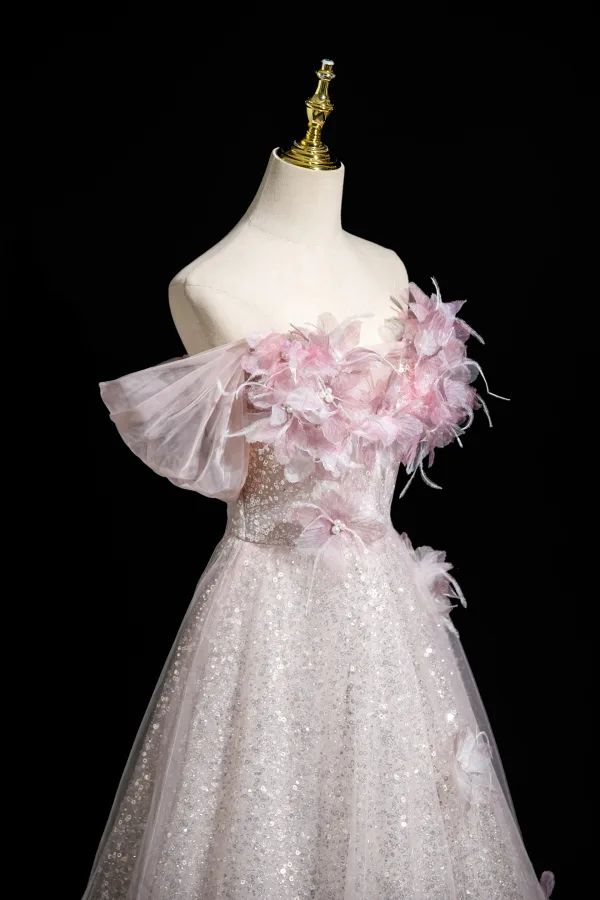 Glitzernden Rosa Applikationen Perle Pailletten Ballkleider 2025 Ballkleid Off Shoulder Kurze Ärmel Rückenfreies Lange Ball Festliche Kleider