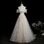 Elegant Beige Beading Sequins Appliques Prom Dresses 2025 Ball Gown Off-The-Shoulder Short Sleeve Backless Floor-Length / Long Formal Dresses