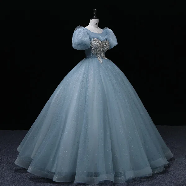 Chic / Beautiful Pool Blue Prom Dresses 2022 Ball Gown Scoop Neck Beading Puffy Short Sleeve Backless Floor-Length / Long Formal Dresses