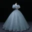 Chic / Beautiful Pool Blue Prom Dresses 2022 Ball Gown Scoop Neck Beading Puffy Short Sleeve Backless Floor-Length / Long Formal Dresses