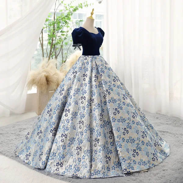 Elegant Navy Blue Printing Prom Dresses 2023 Ball Gown Square Neckline Short Sleeve Backless Floor-Length / Long Prom Formal Dresses