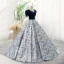 Elegant Navy Blue Printing Prom Dresses 2023 Ball Gown Square Neckline Short Sleeve Backless Floor-Length / Long Prom Formal Dresses