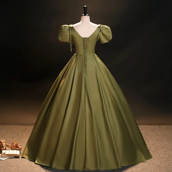Vintage / Retro Modest / Simple Clover Green Satin Prom Dresses 2023 Ball Gown V-Neck Puffy Short Sleeve Backless Floor-Length / Long Prom Formal Dresses
