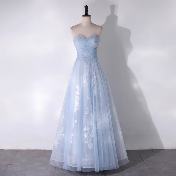 Chic / Beautiful Sky Blue Flower Glitter Sequins Prom Dresses 2024 A-Line / Princess Off-The-Shoulder Sleeveless Backless Floor-Length / Long Prom Formal Dresses
