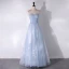 Chic / Beautiful Sky Blue Flower Glitter Sequins Prom Dresses 2024 A-Line / Princess Off-The-Shoulder Sleeveless Backless Floor-Length / Long Prom Formal Dresses