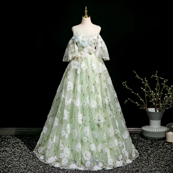 Elegant Sage Green Lace Flower Appliques Prom Dresses 2025 Ball Gown Scoop Neck Short Sleeve Backless Floor-Length / Long Prom Formal Dresses