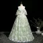Elegant Sage Green Lace Flower Appliques Prom Dresses 2025 Ball Gown Scoop Neck Short Sleeve Backless Floor-Length / Long Prom Formal Dresses