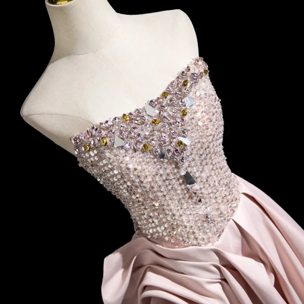 Sexy Rosa Perlenstickerei Strass Pailletten Abendkleider 2025 A Linie Bandeau Ärmellos Rückenfreies Gespaltete Front Sweep / Pinsel Zug Abend Festliche Kleider