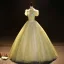 Elegant Sage Green Beading Pearl Sequins Prom Dresses 2023 Ball Gown High Neck Puffy Short Sleeve Backless Floor-Length / Long Prom Formal Dresses
