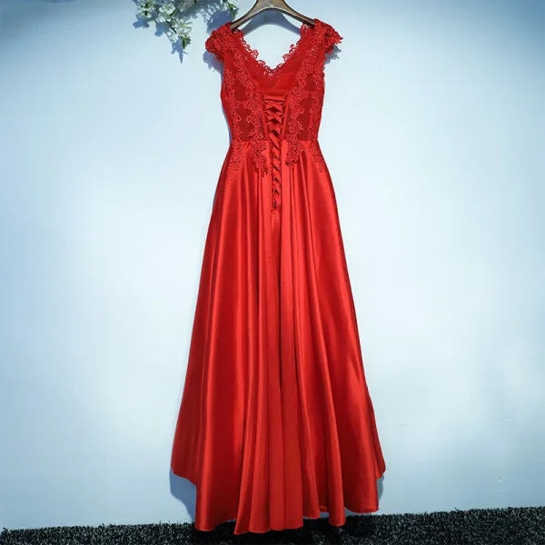 Chic / Beautiful Red Formal Dresses Evening Dresses 2017 Lace Flower Short Sleeve V-Neck A-Line / Princess Ankle Length