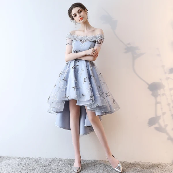 Modern / Fashion Grey Cocktail Dresses 2018 A-Line / Princess Asymmetrical Appliques Lace Bow Off-The-Shoulder Backless Short Sleeve Formal Dresses