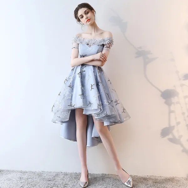 Modern Fashion Grey Cocktail Dresses 2018 A Line Princess Asymmetrical Appliques Lace Bow Off The Shoulder Backless Short Sleeve Formal Dresses