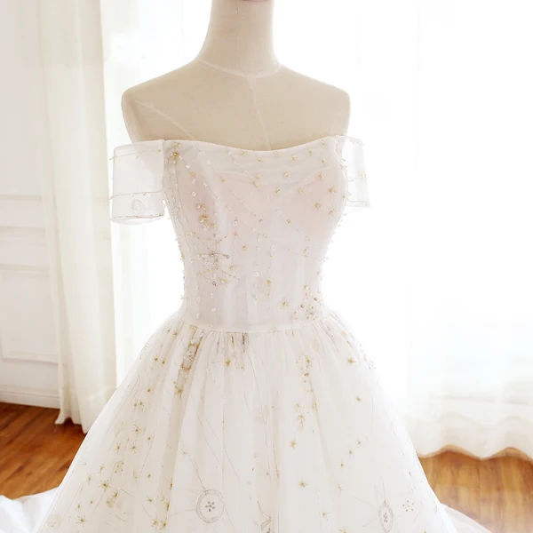 Elegant Ivory Wedding Dresses 2018 A-Line / Princess Beading Crystal Sequins Off-The-Shoulder Backless Short Sleeve Chapel Train Wedding