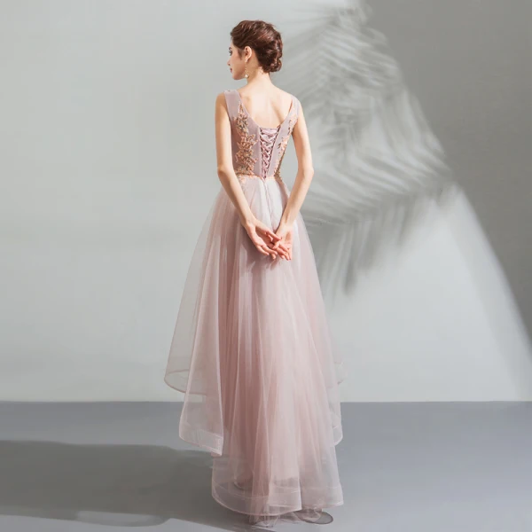 Modern / Fashion Blushing Pink Cocktail Dresses 2018 A-Line / Princess Asymmetrical Beading Crystal Lace Flower V-Neck Sleeveless Backless Formal Dresses