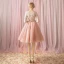 Modern / Fashion Blushing Pink Honeymoon Graduation Dresses 2018 A-Line / Princess Lace Flower Bow Beading Scoop Neck 3/4 Sleeve Knee-Length Formal Dresses