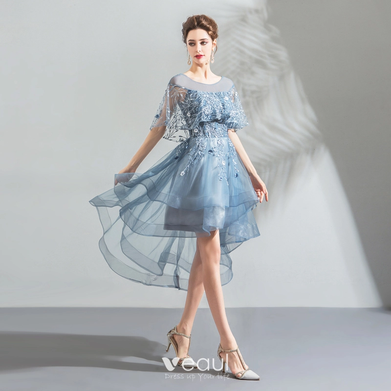 Modern Fashion Pool Blue Cocktail Dresses 2018 A Line Princess Asymmetrical Lace Flower Pearl Scoop Neck Backless Short Sleeve Formal Dresses