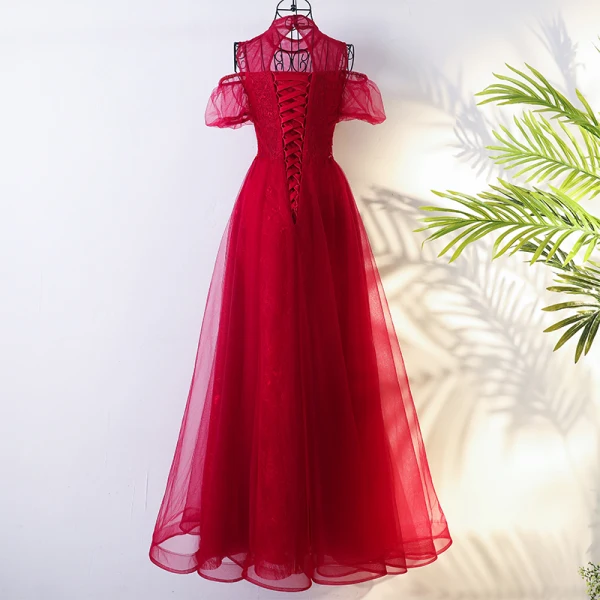Chic / Beautiful Red Chinese style Evening Dresses 2017 A-Line / Princess High Neck Short Sleeve Crossed Straps Appliques Beading Flower Floor-Length / Long Evening Party