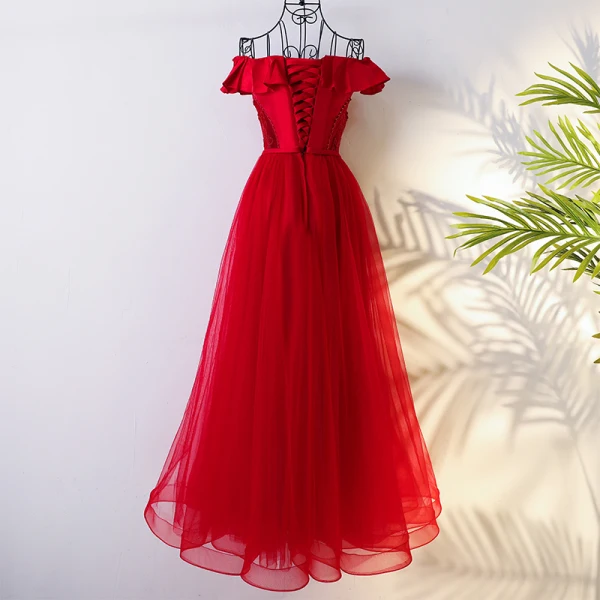 Chic / Beautiful Red Chinese style Evening Dresses 2017 A-Line / Princess Off-The-Shoulder Crossed Straps Short Sleeve Beading Sequins Floor-Length / Long Evening Party