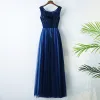 Chic / Beautiful Royal Blue Evening Dresses  2017 A-Line / Princess Scoop Neck Sleeveless Crossed Straps Appliques Beading Flower Lace Tulle Tea-length Evening Party