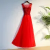 Chic / Beautiful Red Evening Dresses  2017 Evening Party Appliques Beading Lace Flower Sequins Tulle