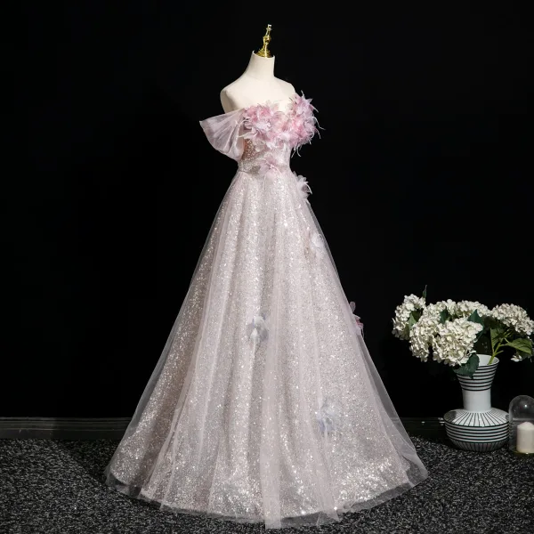 Glitzernden Rosa Applikationen Perle Pailletten Ballkleider 2025 Ballkleid Off Shoulder Kurze Ärmel Rückenfreies Lange Ball Festliche Kleider