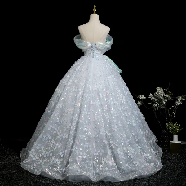 Flower Fairy Sky Blue Appliques Laser Sequins Prom Dresses 2025 Ball Gown Off-The-Shoulder Short Sleeve Backless Sweep Train Prom Formal Dresses