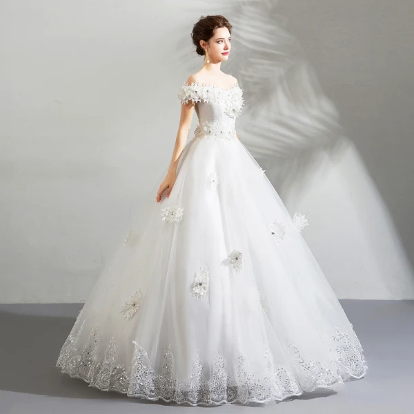 Amazing / Unique White Wedding Dresses 2018 Ball Gown Lace Appliques Rhinestone Off-The-Shoulder Backless Short Sleeve Floor-Length / Long Wedding