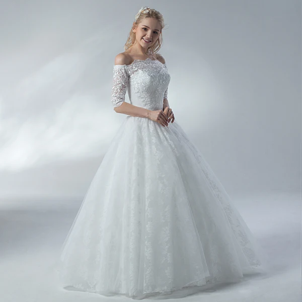 Affordable White Wedding Dresses 2018 A-Line / Princess Lace Flower Off-The-Shoulder Backless 1/2 Sleeves Floor-Length / Long Wedding