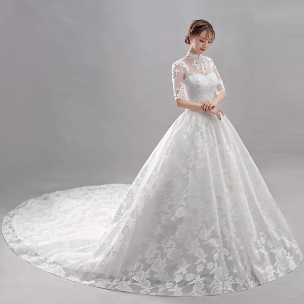 Affordable White Wedding Dresses 2018 Ball Gown Lace Flower High Neck Backless Short Sleeve Cathedral Train Wedding